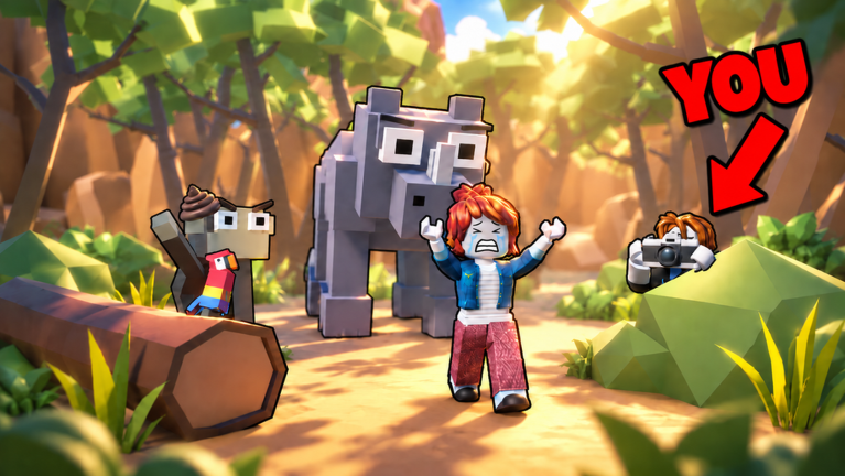 A player aims a camera at an angry rhino while a panicked friend throws up their hands in Film Animals.